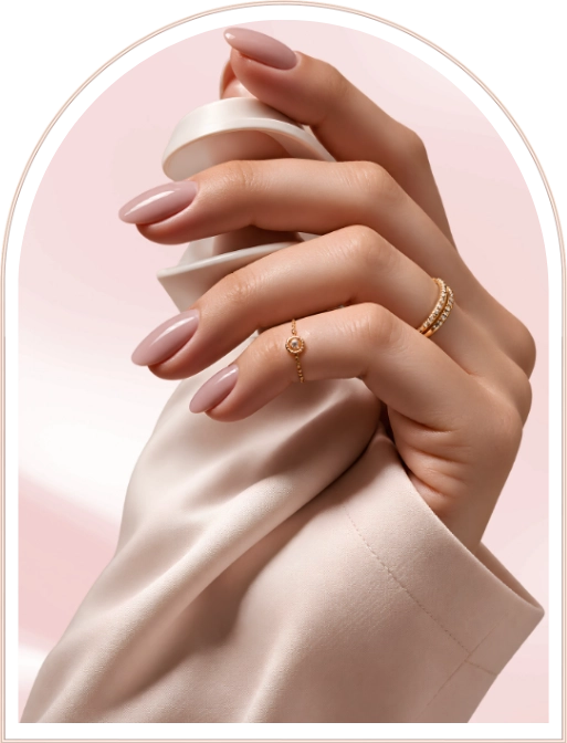 Beige nail polish in blush silk pink background