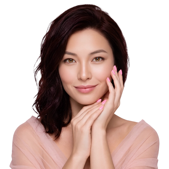 Asian woman black hair with pink nails manicure